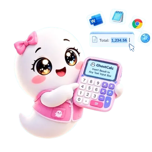 GhostCalc (Ghost Calc) mascot holding a pink calculator — free calculator that inserts its answer into any window on Windows