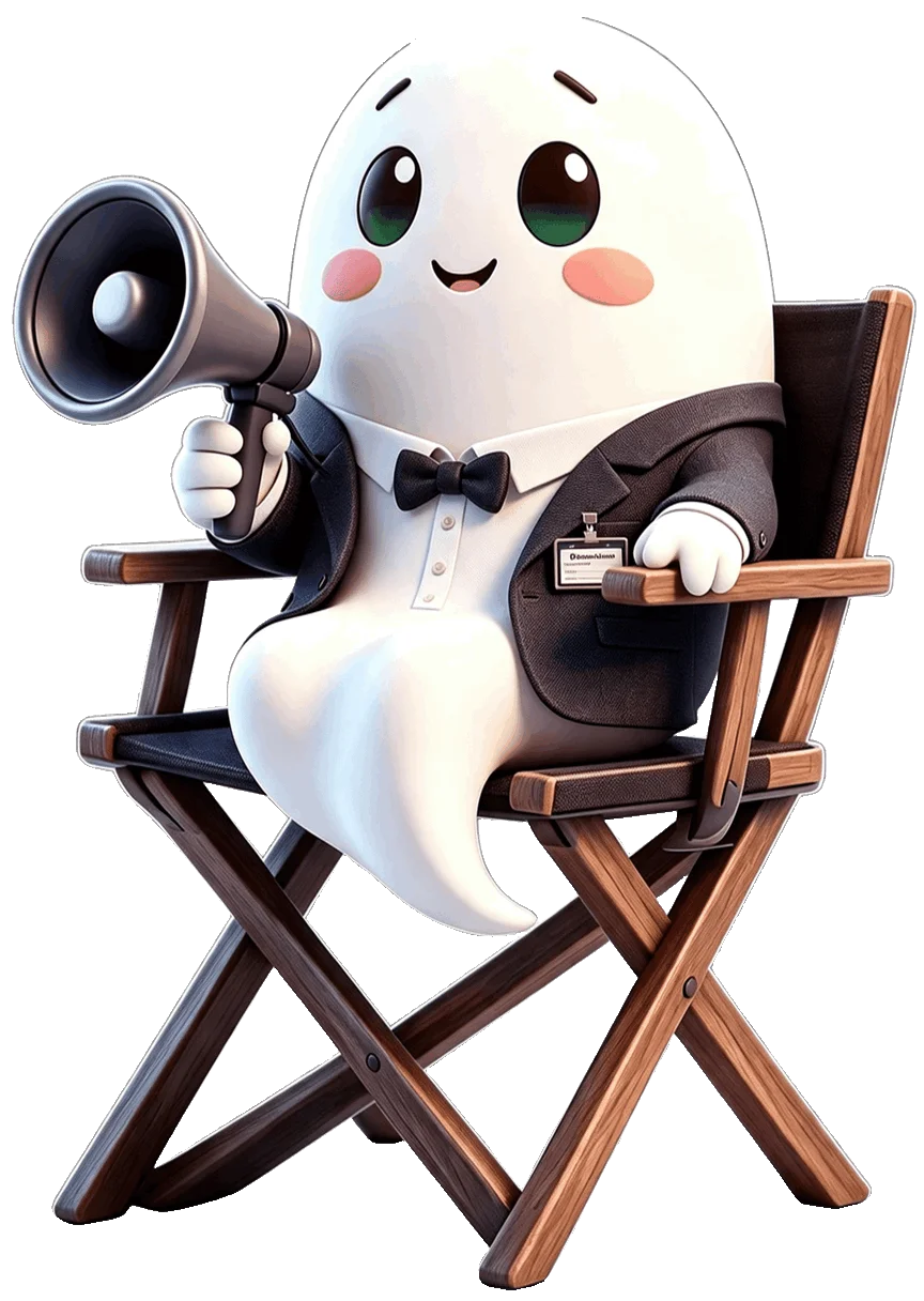 GhostCast (Ghost Cast) mascot in a director's chair — free multi-voice script studio for Windows