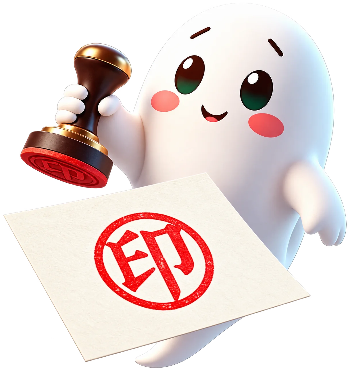 GhostStamp Pro (GhostStamp, Ghost Stamp) mascot holding a rubber stamp — free PDF and scan stamper for Windows